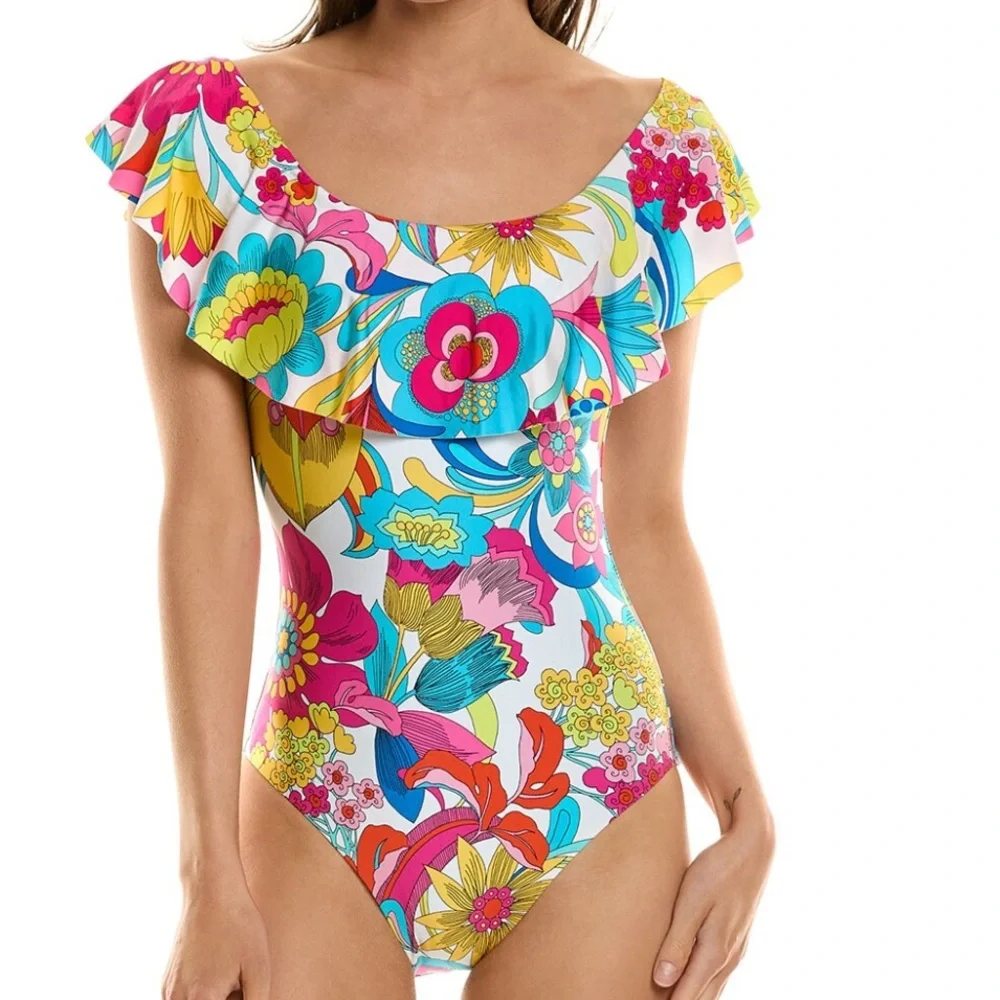 Gorgeous Colorful Trina Turk Fontaine Bandeau Ruffle One-Piece Size 14 NWT - Picture 1 of 16